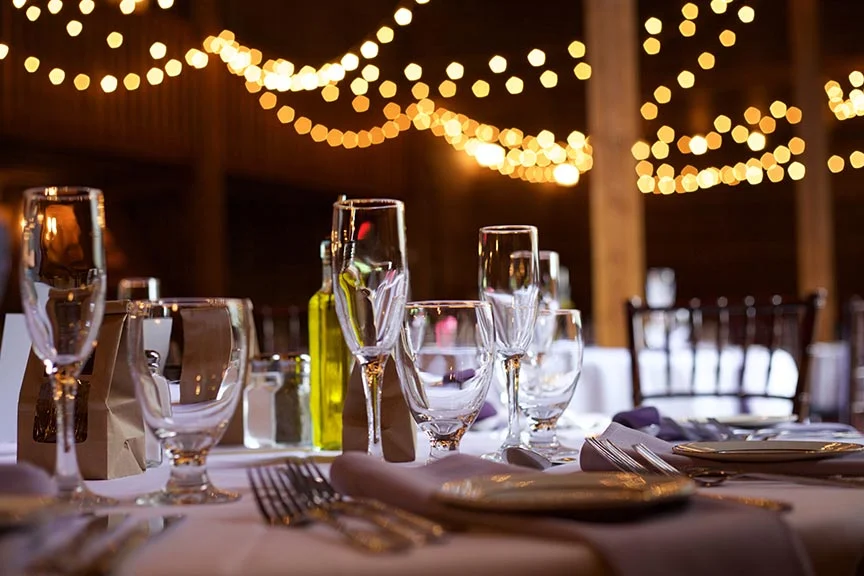 Dinner party table setting with lighting