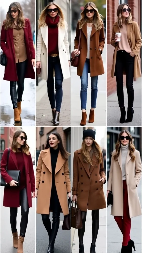 Collage of outfits mixing deep red, rich brown, soft cream, and muted gold.