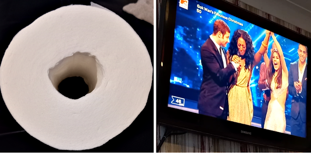Toilet roll and Christmas music on the TV