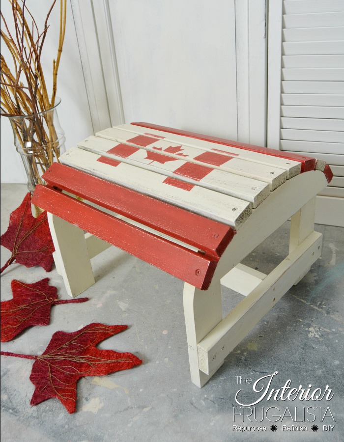 An Adirondack Footstool Makeover for Canada Day, a fun and easy patriotic decor idea for the lake cottage or front porch using a Canadian flag stencil.