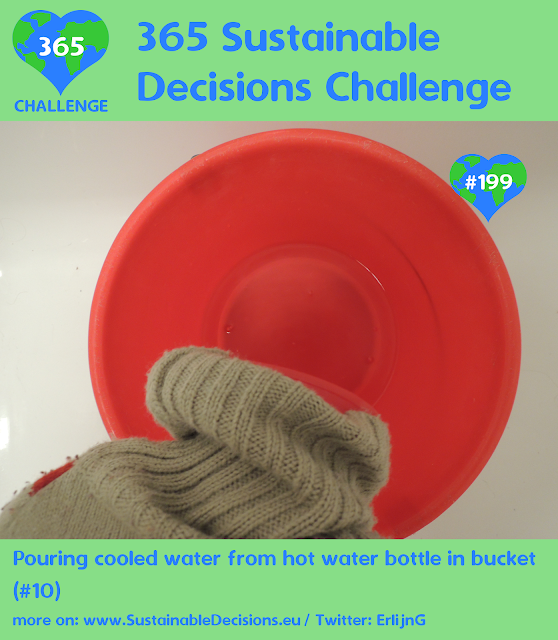 Pouring cooled water from hot water bottle in bucket (#10) saving water