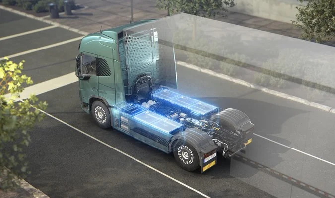 Ilustração demonstrando o posicionamento das baterias em um Volvo FM elétrico