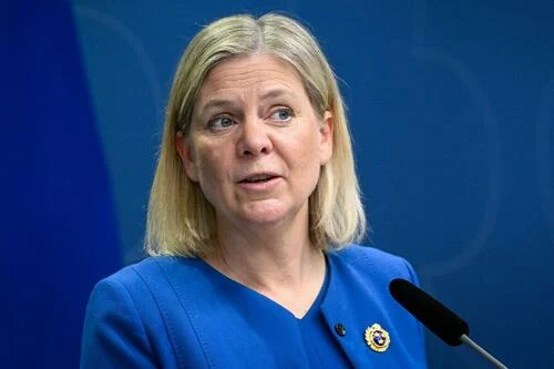 Sweden’s Prime Minister Magdalena Andersson announces the country will officially apply to join NATO, in Stockholm on May 16, 2022.