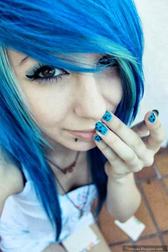 Emo girl blue hair nail art cute pretty brunette