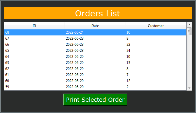 orders list