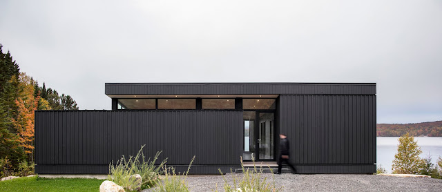 Casa de madera oscura y cristal contemporánea.