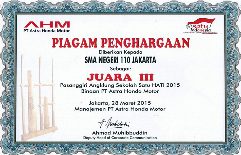 Sertifikat dan Penghargaan  SMA NEGERI 110 JAKARTA