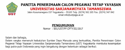  Info lowongan kerja terbaru kali ini bersumber dari salah satu sekolah tinggi tinggi swasta ya Penerimaan Pegawai Tetap Universitas Sarjanawiyata Tamansiswa (UST) Yogyakarta Tahun 2017