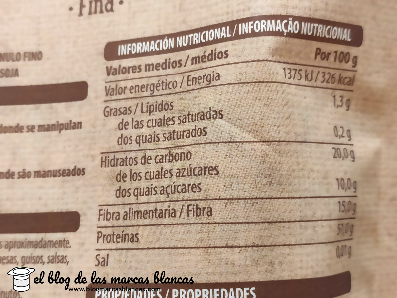 Información nutricional de la proteína de soja texturizada de grano fino Hacendado de Mercadona en el blog de las marcas blancas.