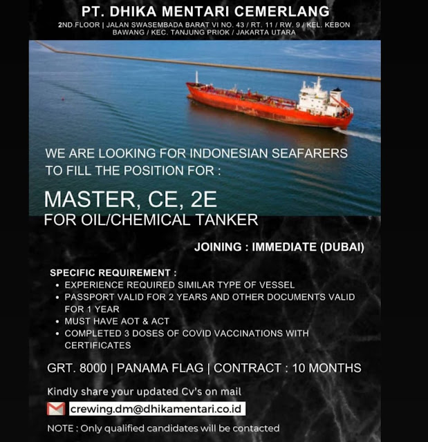 Lowongan Kru Kapal Master, CE, 2E Oil Chemical Tanker Feb 2024