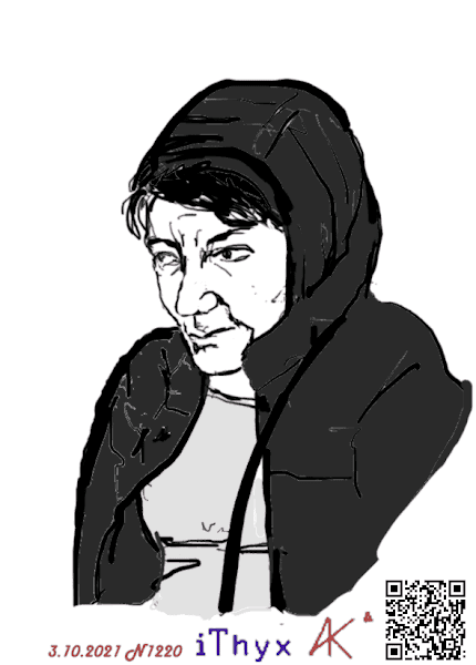 Приезжая женщина в черной куртке с капюшоном на голове, портрет сделал художник Андрей Бондаренко @iThyx_AK