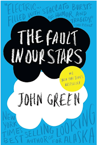 The Fault In Our Stars by John Green cover, featuring black and white clouds on a blue background