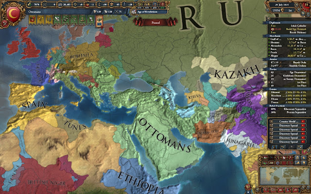 Europa Universalis 4 - A map of the game world including the Ottomans Empire stretching from Hungary, to Egypt to India.