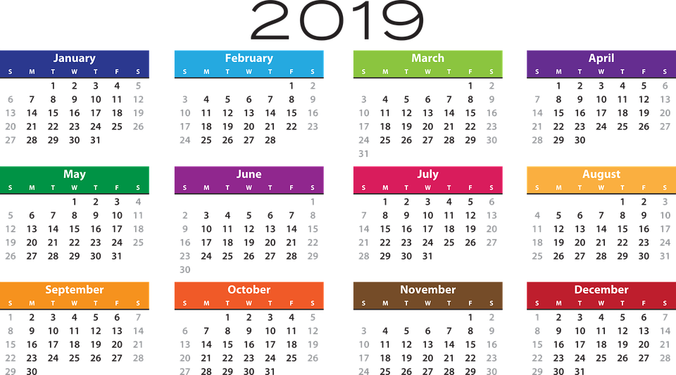 Calendario 2019 con separaciones de los meses del año