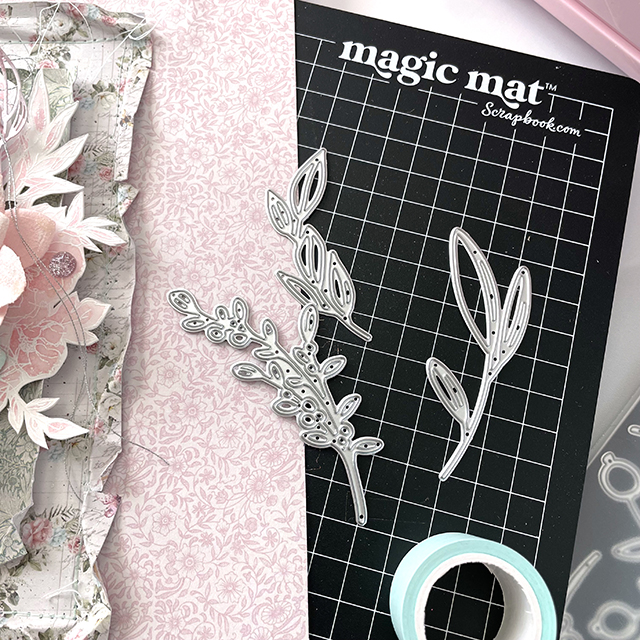 Scrapbook.com magic mat, cherry blossom switch, sprigs die, mint tape