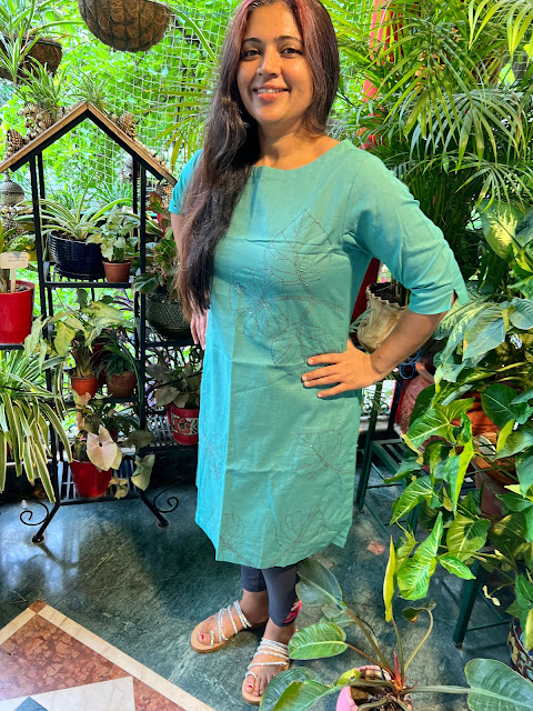 Teal kurti with Kantha work. We have it available in all sizes.