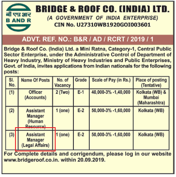 Assistant Manager (Legal Affairs) at Bridge & Roof Co. (India) Ltd. - last date 20/09/2019