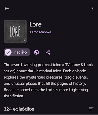 Imagem Print do Podscat de Historias Lore, não é um Podcast voltado para estudantes de Inglês, mas é ótimo para praticar o Listening em Inglês, e se você gosta de Histórias de Terror em Ingles, esse Podscat é Perfeito para você.