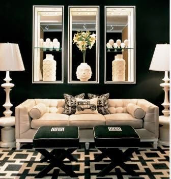 beautiful traditional black family room with floor lamps