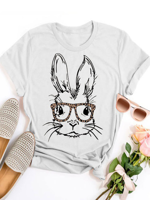 Round Neck Short Sleeve White Rabbit Print T-Shirt