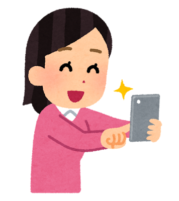 スマートフォンで写真を撮影する人のイラスト（女性）