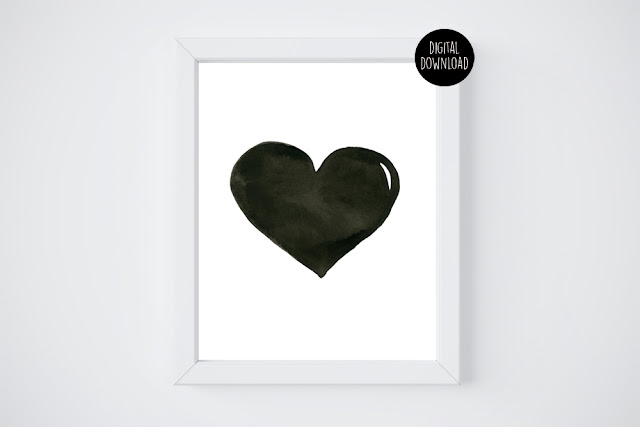 black watercolor heart watercolor painting // 8x10 // printable digital download