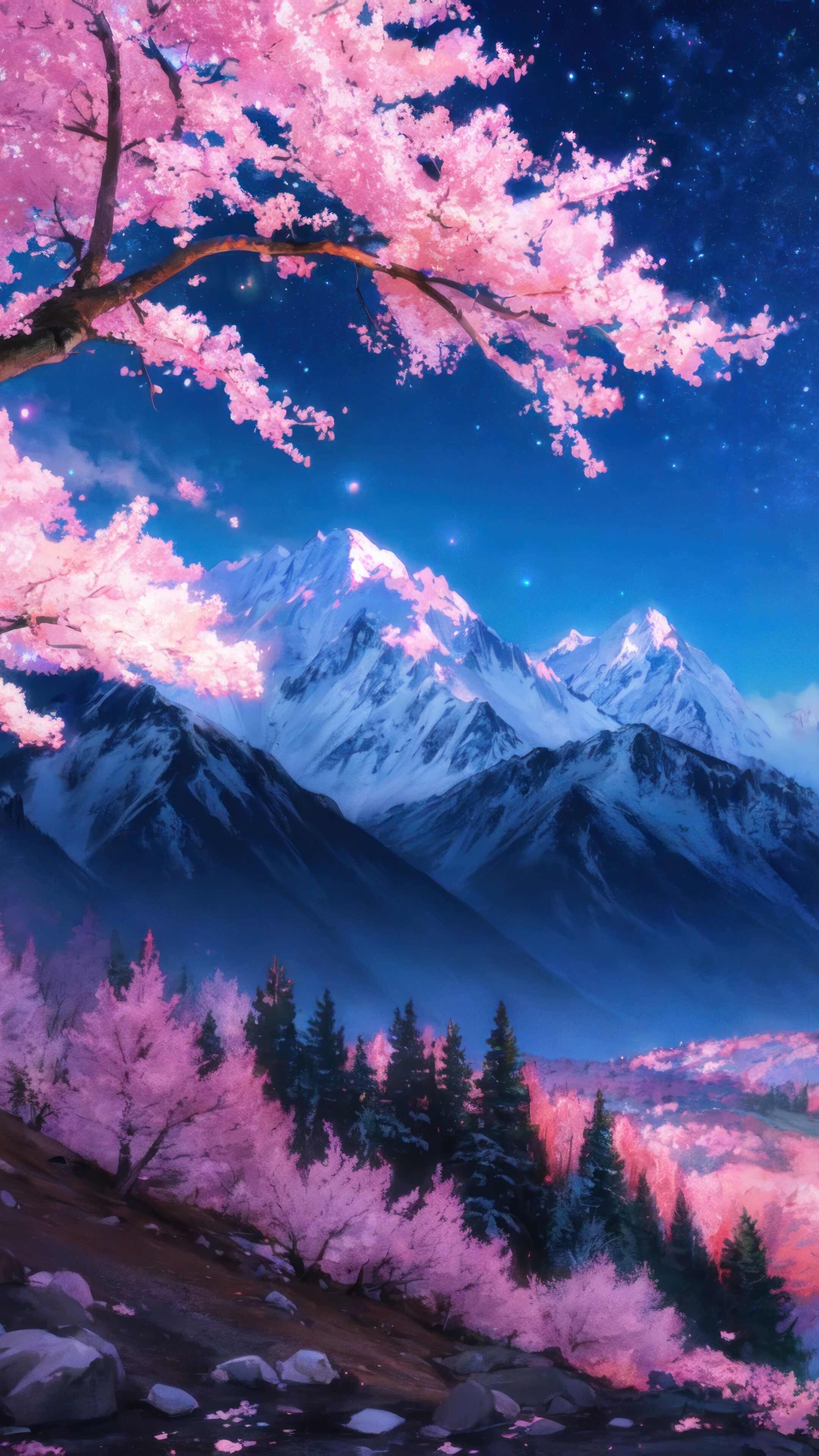 Cherry Blossom Forest Snowy Mountain Scenery Starry Night Sky 4K Android Mobile Phone