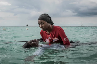 A swim instructor helps a woman float in the water