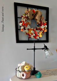 Vintage, Paint and more... chalk painted and stenciled table, recycled thrift store lamp and faux window with paper wreath
