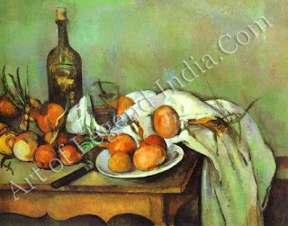 Still-life with Onions, Cezanne painted almost 200 still-lives. Making repeated use of  small set of household objects, along with everyday fruit and vegetables, he created an infinitely varied series of compositions.
