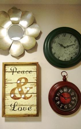 Espejo flor, relojes estilo retro de pared, cuadro Paz y Amor