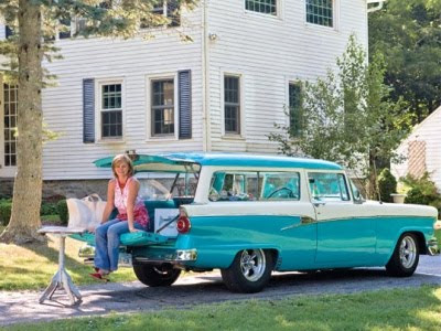  in front of her house sitting on a Turquoise 1956 Ford Ranch Wagon that 
