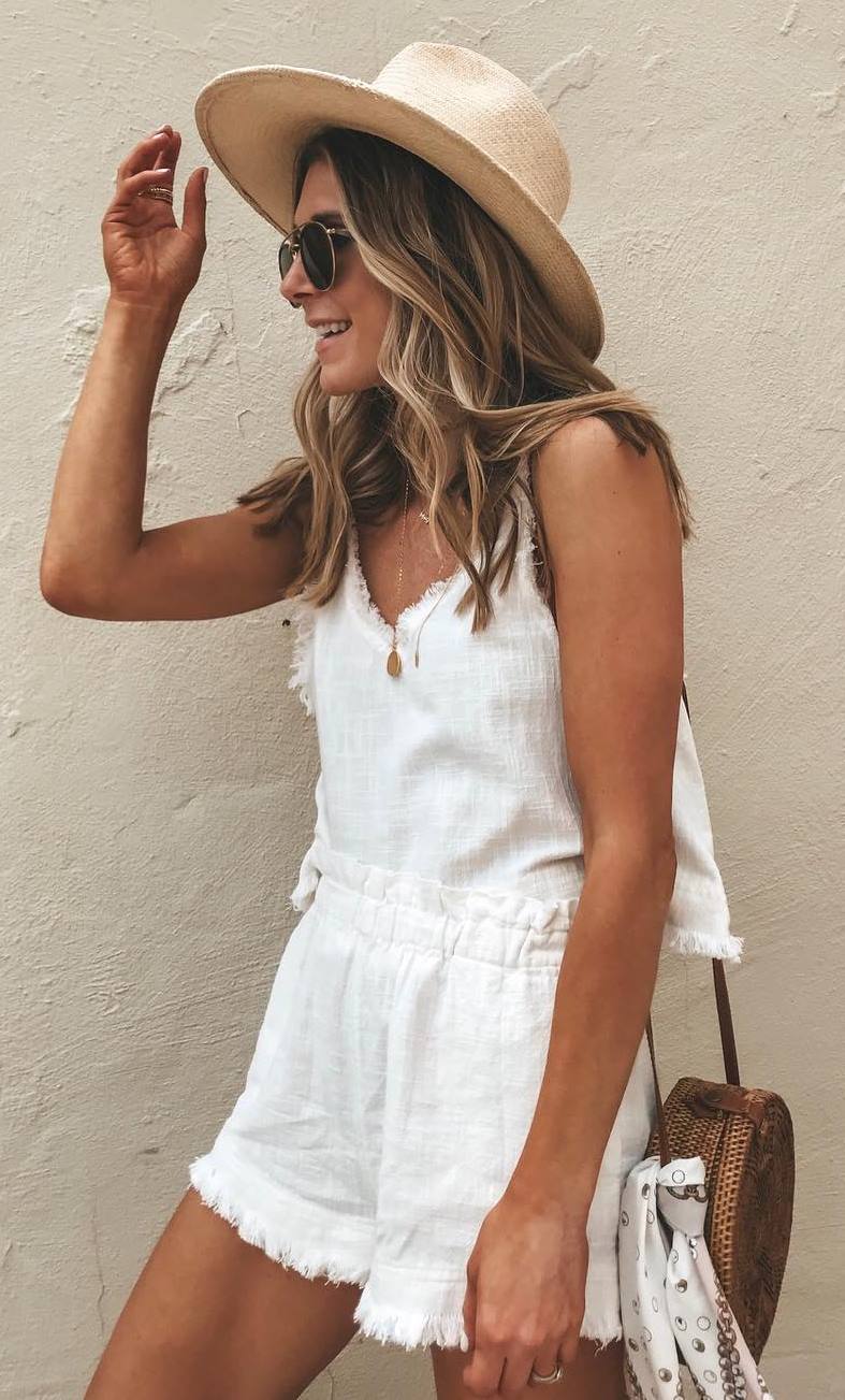 what to wear with a hat : white romper and round bag