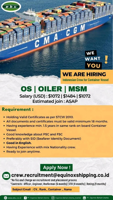 Job Equinox Shipping OS Oiler MSM Chief Officer 2nd Officer 2023