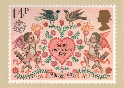 14p stamps: Heart with cupids, roses, birds