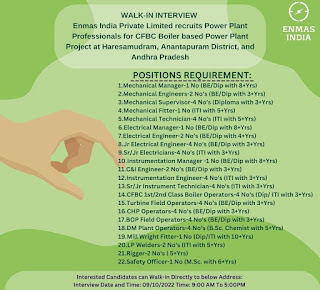 Enmas India Private Limited Recruitment ITI, Diploma, BE Holders for Power Plant | Walk In Interview at Bellary