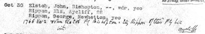 Typed Index Entry for the Marriage Allegation and Bond on 30th Oct 1766 for John Elstob and Elizabeth Rippon.  George Rippon stands surety.  A handwritten note adds that they married on 2 Nov at Aycliffe.