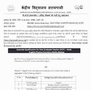 KVS SARAIPALI VACANCY 2023 | केंद्रीय विद्यालय सरायपाली में पी.जी.टी. अंशकालीन संविदा शिक्षकों की भर्ती के लिए वेकेंसी