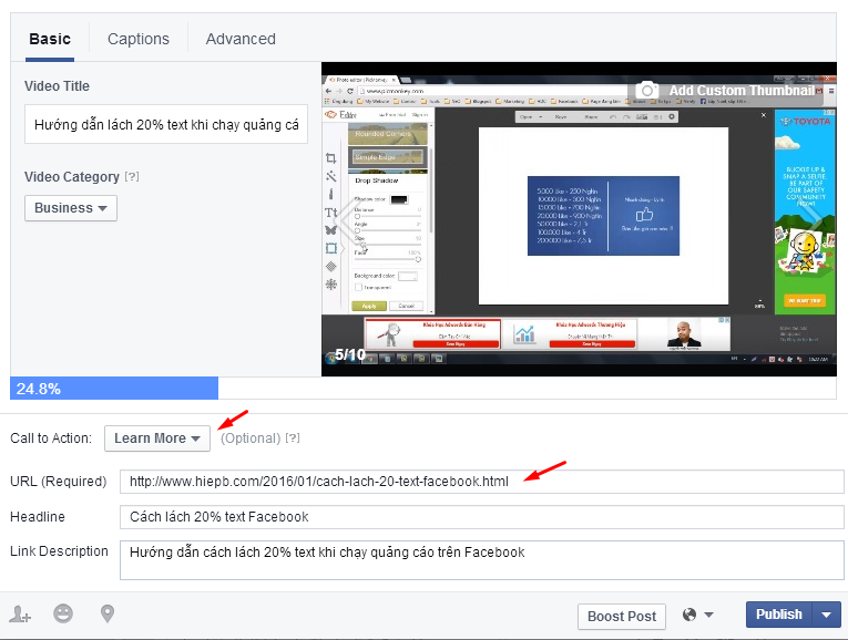 Hướng dẫn cách chèn link vào video trên Facebook