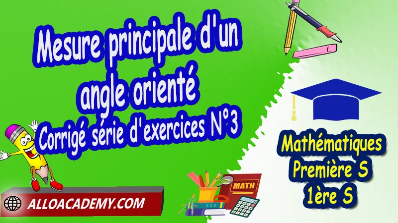 Mesure principale d'un angle orienté - Corrigé série d'exercices N°3,  Mesure principale d'un angle orienté Série d'exercices corrigés Vecteurs et colinéarité Trigonométrie Formulaire de trigonométrie Mesure principale d'un angle orienté Les droites du plan Cours de Vecteurs et colinéarité Angles orientés et trigonométrie de Classe de Première s (1ère s) Résumé cours de Vecteurs et colinéarité Angles orientés et trigonométrie de Classe de Première s (1ère s) Exercices corrigés de Vecteurs et colinéarité Angles orientés et trigonométrie de Classe de Première s (1ère s) Série d'exercices corrigés de Vecteurs et colinéarité Angles orientés et trigonométrie de Classe de Première s (1ère s) Contrôle corrigé de Vecteurs et colinéarité Angles orientés et trigonométrie de Classe de Première s (1ère s) Travaux dirigés td de Vecteurs et colinéarité Angles orientés et trigonométrie de Classe de Première s (1ère s) Mathématiques Lycée première S (1ère s) Maths Programme France Mathématiques niveau lycée Mathématiques Classe de première S Tout le programme de Mathématiques de première S France maths 1ère s1 pdf mathématiques première s pdf programme 1ère s maths cours maths première s nouveau programme pdf toutes les formules de maths 1ère s pdf maths 1ère s exercices corrigés pdf mathématiques première s exercices corrigés exercices corrigés maths 1ère c pdf Système éducatif en France Le programme de la classe de première S en France Le programme de l'enseignement de Mathématiques Première S (1S) en France Mathématiques première s Fiches de cours Les maths au lycée avec de nombreux cours et exercices corrigés pour les élèves de Première S 1ère S programme enseignement français Première S Le programme de français au Première S cours de maths cours particuliers maths cours de maths en ligne cours maths cours de maths particulier prof de maths particulier apprendre les maths de a à z exo maths cours particulier maths prof de math a domicile cours en ligne première S recherche prof de maths à domicile cours particuliers maths en ligne cours de maths a domicile cours de soutien à distance cours de soutiens des cours de soutien soutien scolaire a domicile