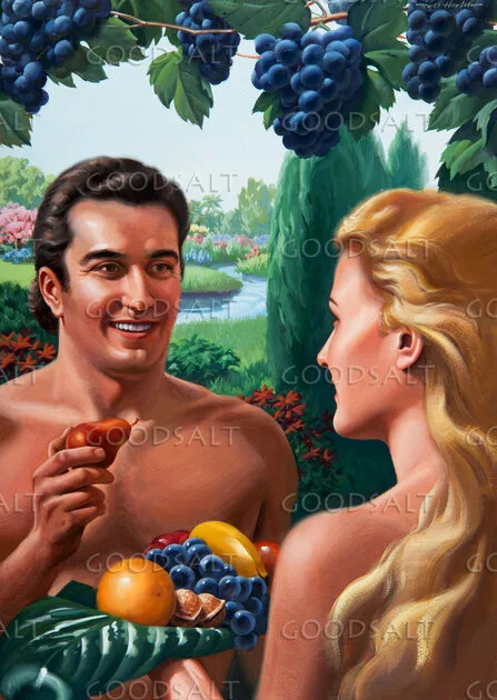Fruit of the Garden PRODUCT IMAGE DETAILS Description	Adam and Eve enjoy fruit in the garden of Eden. They both look happy and are enjoying their meal of fruit and nuts. Tree with large grapes on it. A large leaf with various fruits on it. Adam and Eve are facing each other.