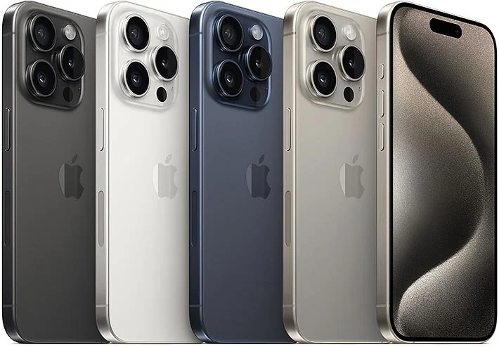 Apple iPhone 15 Pro colours (USA model with mmWave antenna window on the side).