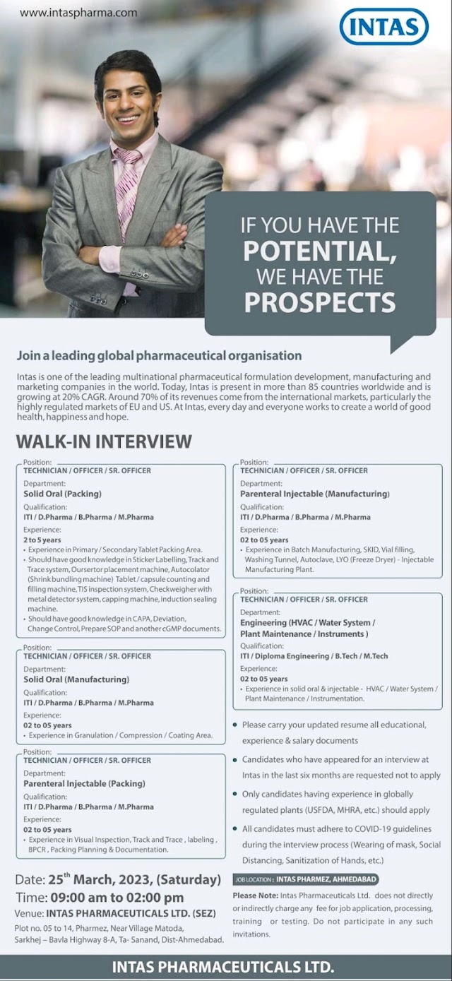 Intas Pharmaceuticals | Walk-in Interview at Ahmedabad for Multiple Positions on 25th March 2023