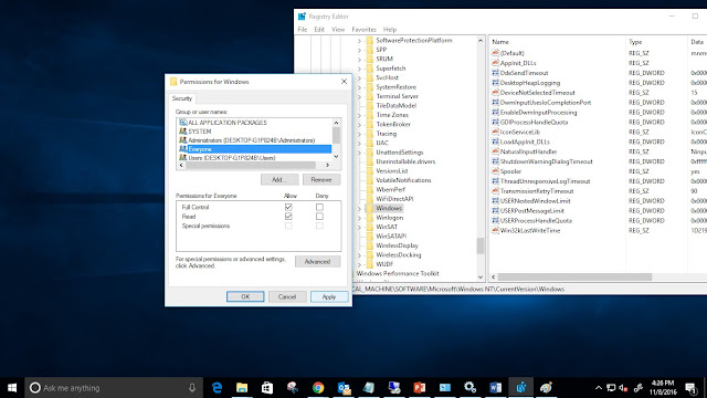 Assign Full control to Everyone for Widnows registry 