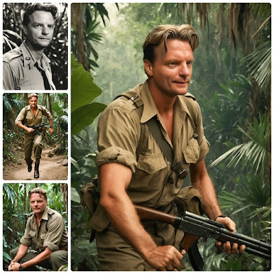 AI images of TET as a 1940s Action Hero in a tropical jungle.