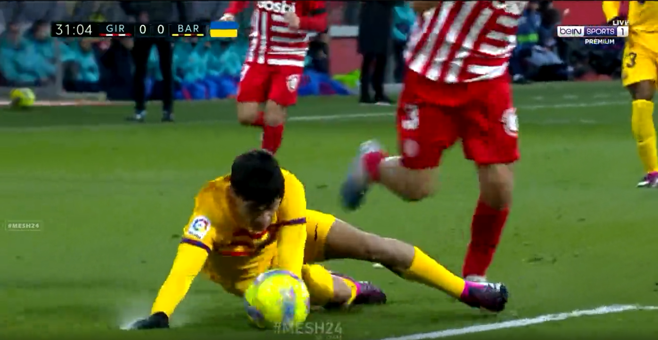 Pedri was stopped controlling a ball while on the ground in the match against Girona. Here's