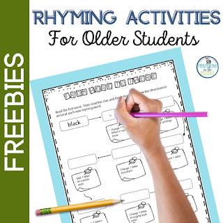 Free rhyming activities cover page with hand holding a pencil on rhyming activity