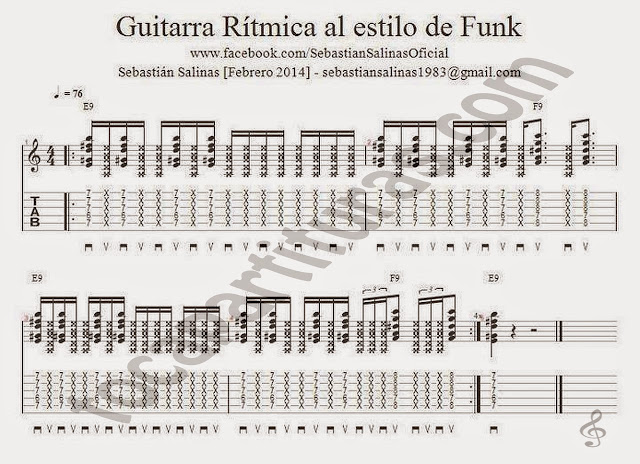 Ejercicio de Guitarra Rítmica al estilo de Funk Tablatura y partitura de Guitarra por Sebastián Salinas Profesor de Guitarra con semicorcheas Guitar Exercise Tablature for guitar beginners