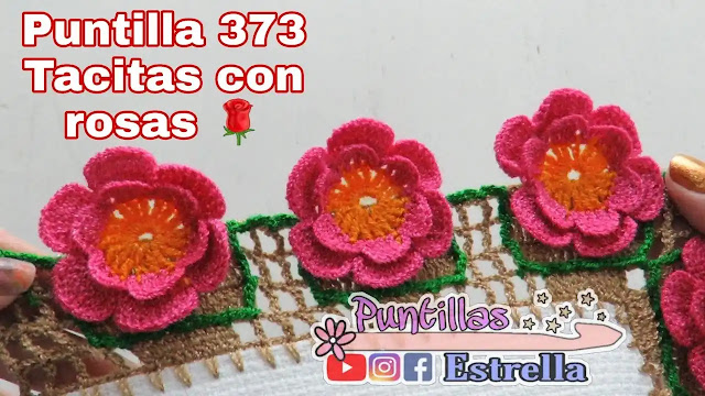 Decora toallas y manteles con esta puntilla de tacitas con rosas a crochet