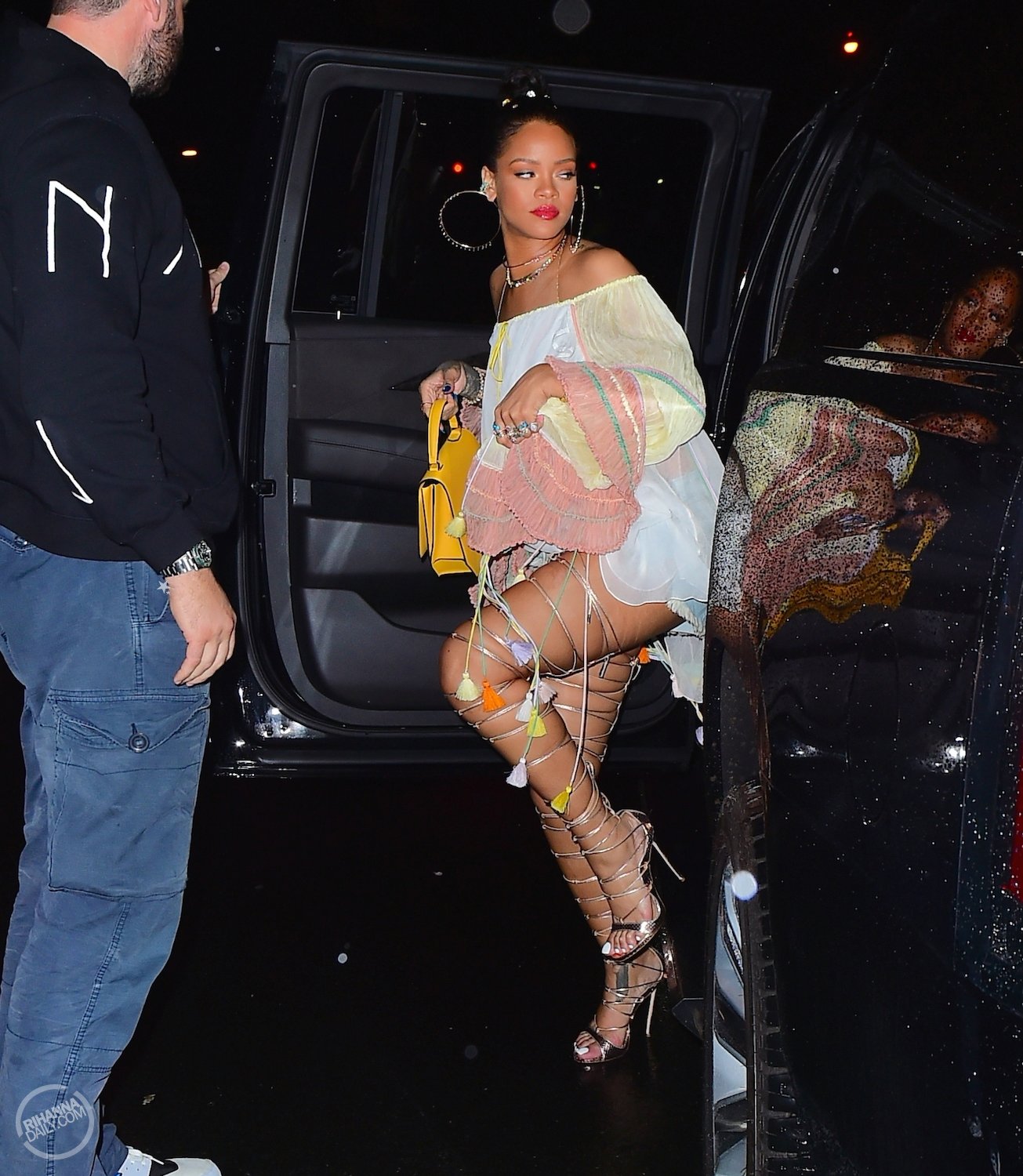 Rihanna Braless in See Through White Blouse in NYC